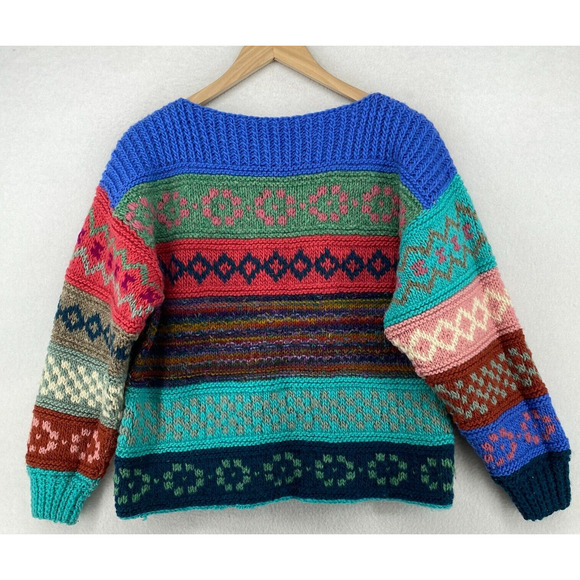 HAND KNIT Sweater Womens M Nordic Striped Jacquard Chunky Jumper Boxy Pink Blue - Picture 3 of 14